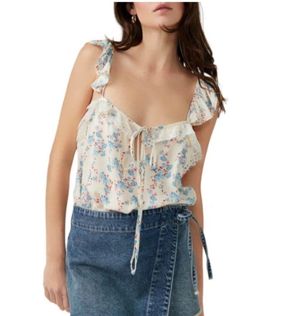Free People Intimately Free Take It Away Bodysuit Ivory Combo White Blue Floral